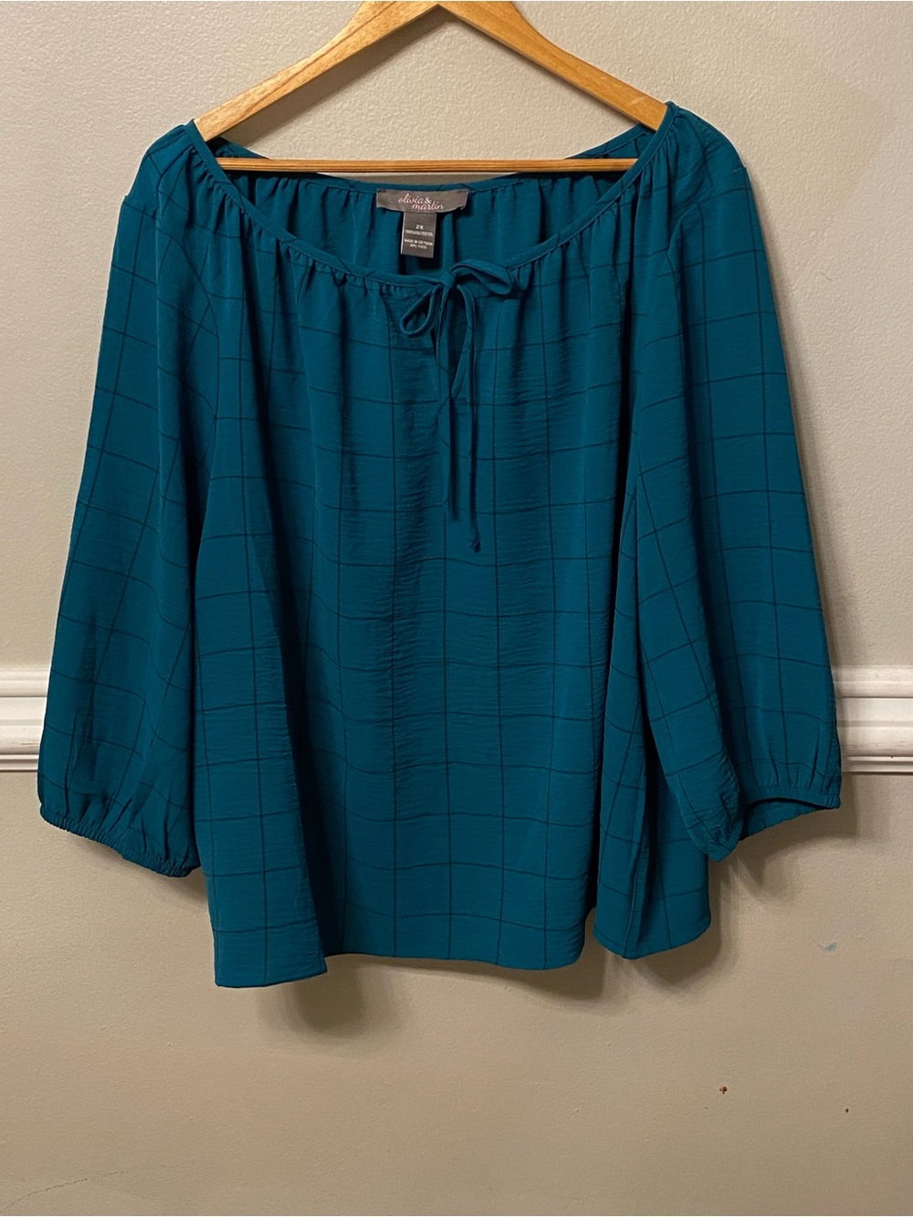 Olivia & Martin Teal Grid Tie-Neck Peasant Blouse